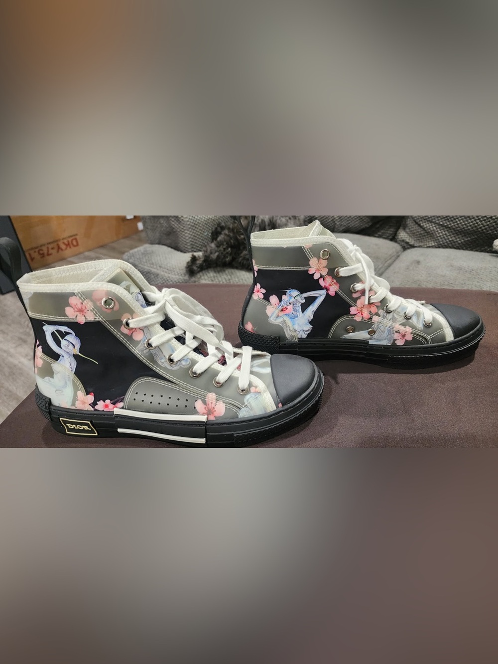 Dior Black & White Floral High-Top Sneakers with Pink Accents